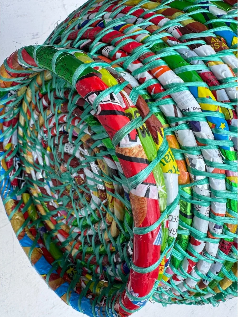 Handmade Upcycled Recycled Wrapper Basket Bowl Colorful Woven Folk Art 12”